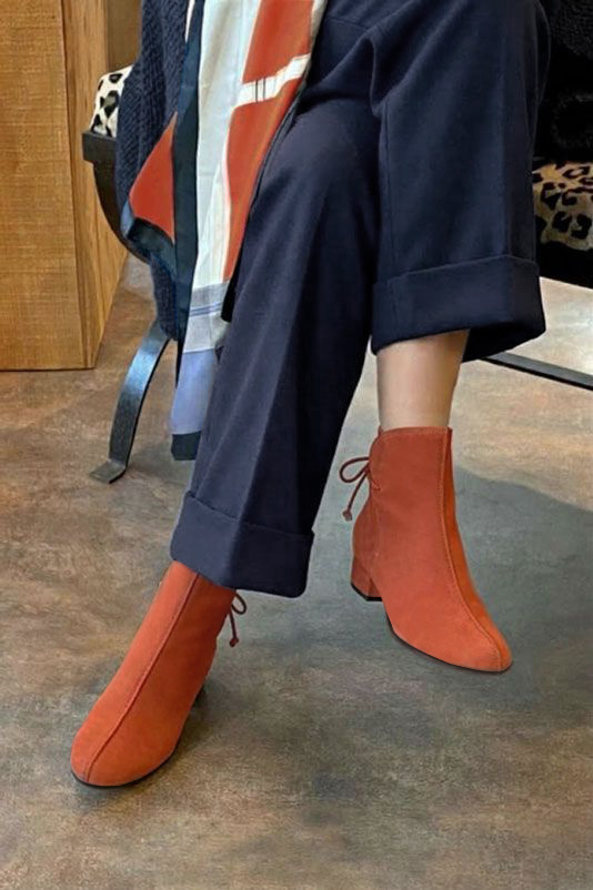 Women's orange back lace-up ankle boots with round toe and low block heel - Top view